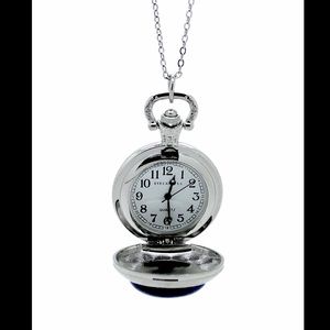 Lapis Stone Pocket Watch Pendant Necklace - Silver